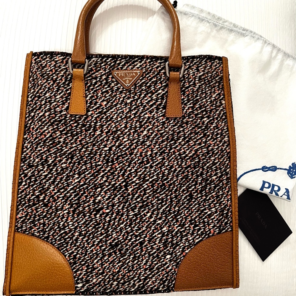 Prada Enameled Metal Triangle B11 Vintage, Tan Tweed and Leather Tote